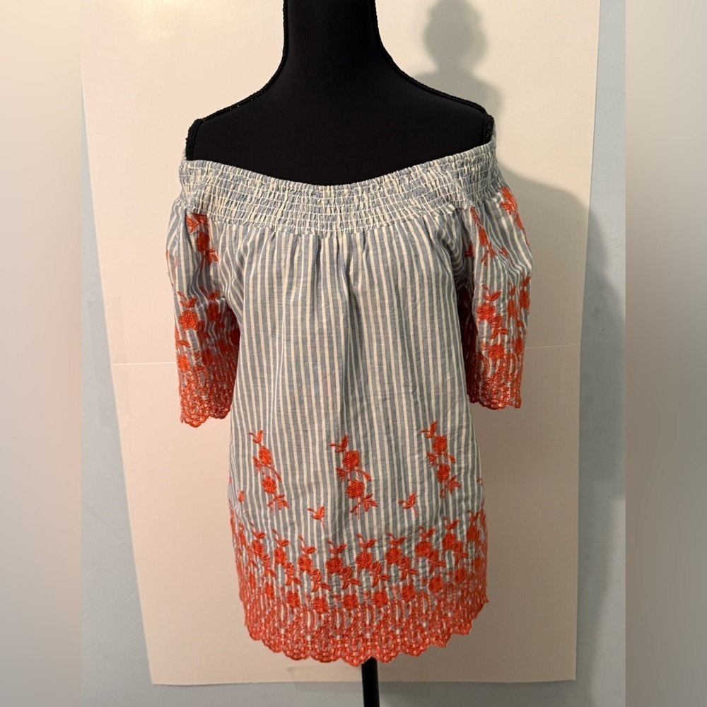Fever Blue Striped Blouse with Orange Embroidery - Picture 2 of 5